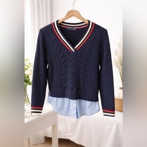 Tommy Hilfiger Layered Cable Knit V-Neck Sweater Navy Preppy Varsity Size S